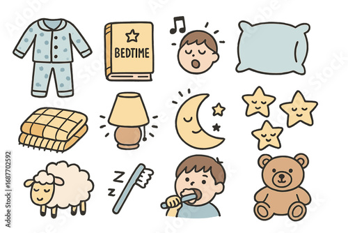 Bedtime Doodle Icons. Children’s bedtime doodle icon set: hand drawn icons of pajamas, bedtime book, lullaby, soft pillow, cozy