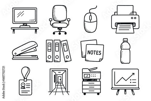 Office Supplies Doodle. Office routine doodle icon set: hand drawn icons of desktop, office chair, mouse, printer, stapler, files,