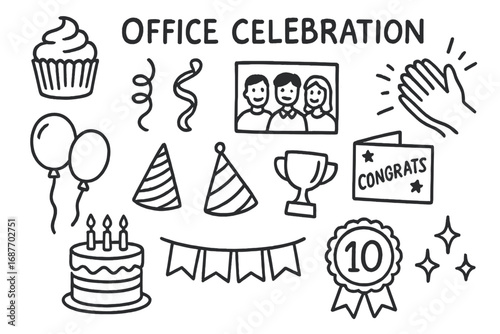 Office Celebration Icons. Office celebration doodle icon set: hand drawn icons of cupcakes, streamers, team photo, clapping hands,