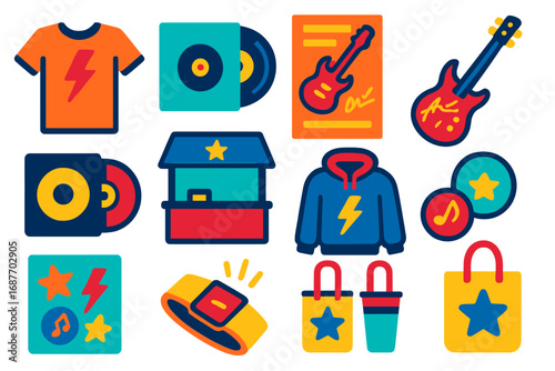 Concert Merch Icons. Flat vector icons of concert merchandise: band t-shirt, vinyl record, tour poster, signed guitar, CD case,