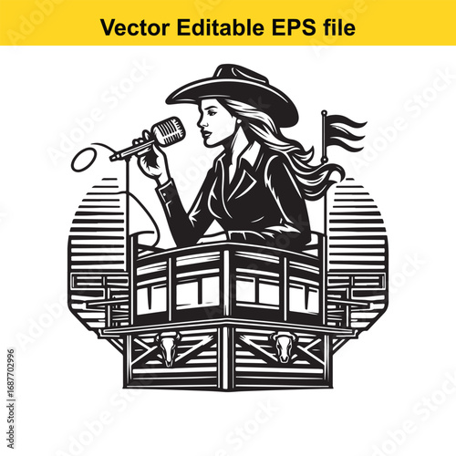  cowgirl speaking into microphone at rodeo arena, vector illustration
