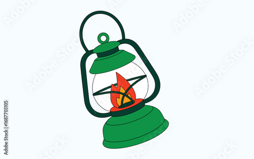 Cartoon illustration of a green kerosene lantern with a flame
