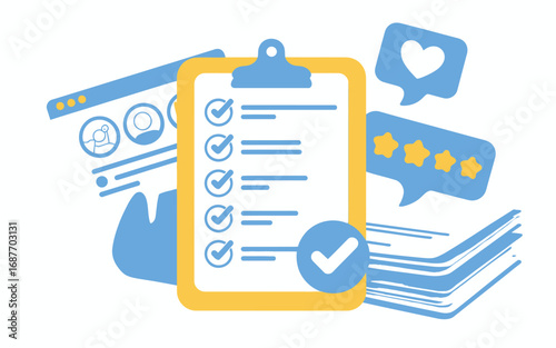 Checklist and feedback icons representing success and positive reviews