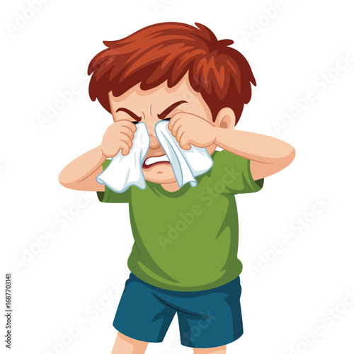 Young boy crying and wiping his eyes with a tissue