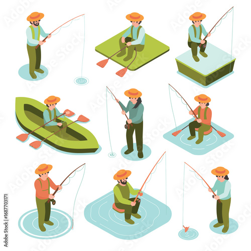 Isometric illustration of people fishing in various settings and poses