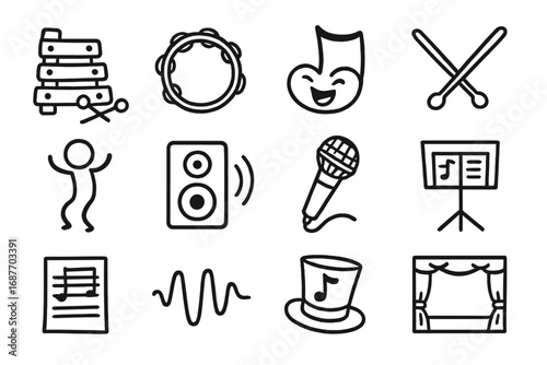 Children's Music Doodles. Children’s music time doodle icon set: hand drawn icons of xylophone, tambourine, singing note,