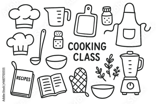 Cooking Class Doodles. Cooking class: hand drawn doodles of chef hats, measuring cups, chopping boards, aprons, kitchen scales,