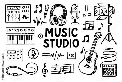 Music Studio Doodles. Music studio: hand drawn doodles of sound mixers, microphones, headphones, synthesizers, notes, guitars,