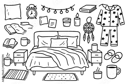 Cozy Dream Bedroom Essentials. Dream bedroom: hand drawn doodles of pillows, cozy blankets, fairy lights, alarm clocks, books,