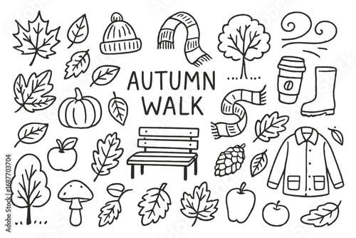 Autumn Doodle Collection. Autumn walk: hand drawn doodles of crunchy leaves, scarves, coffee cups, trees, boots, pumpkins,