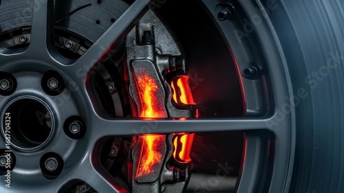 Close up of hot glowing automotive brake disc and a caliper during braking action. Heat resistance system of a sport car footage.