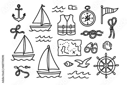Nautical Adventure Doodles. Sailing trip: hand drawn doodles of sailboats, anchors, ropes, life jackets, compasses, wind flags,