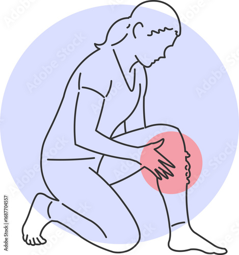 Kneeling woman feeling severe knee pain in continuous line minimalist style