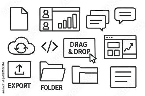 Digital Workflow Doodles. Online tools: hand drawn doodles of file icons, collaboration dashboards, comments, drag-and-drop