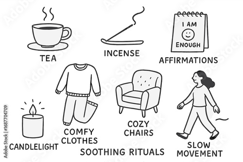 Soothing Ritual Doodles. Soothing rituals: hand drawn doodles of tea, incense, comfy clothes, affirmations, candlelight, cozy