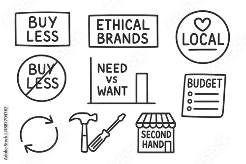 Conscious Consumer Icons. Conscious consumer habits: hand drawn doodles of “buy less” signs, ethical brands, need vs want charts,