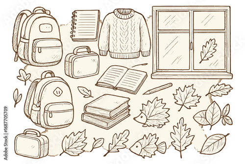 Autumn School Doodles. Autumn school days: hand drawn doodles of backpacks, lunch boxes, notebooks, sweaters, classroom windows,