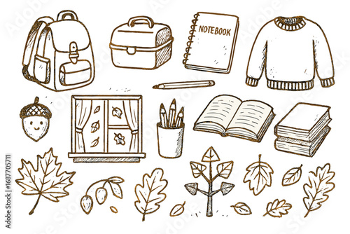 Autumn School Doodles. Autumn school days: hand drawn doodles of backpacks, lunch boxes, notebooks, sweaters, classroom windows,