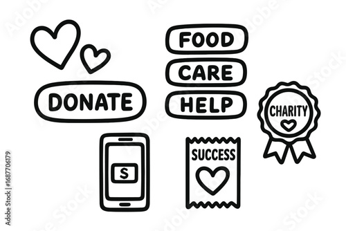 Mobile Donation Doodles. Donation via mobile: hand drawn doodles of heart icons, cause tags, donate button, charity badge,