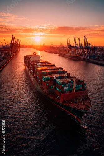A large cargo ship moves through a bustling port as the sun sets, casting warm colors across the sky. Industrial cranes loom in the background, creating a vibrant atmosphere
