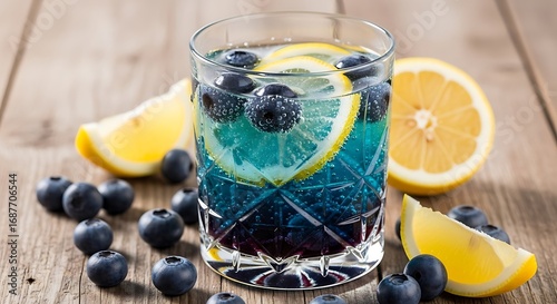 A glass of refreshing blue sparkling lemonade or cocktail with fresh blueberries and lemon slices, a cool summer drink on a wooden table