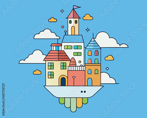 Floating City Illustration with Colorful Buildings and Clouds in a Whimsical Style