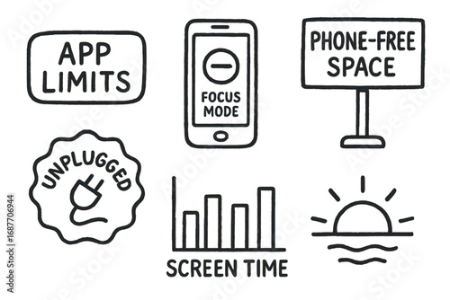 Digital Wellness Doodles. Digital wellness: hand drawn doodles of app limits, focus mode, phone-free space, unplugged badge,
