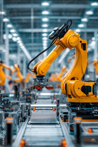 A robotic arm with bright yellow paint works efficiently on an assembly line, picking and placing parts among various machinery in a large, modern factory environment filled with multiple robots