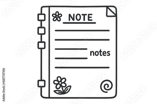 Creative Notebook Scribbles. Student notebook: hand drawn doodles of margins, underlined headers, doodles in corners, side tabs,