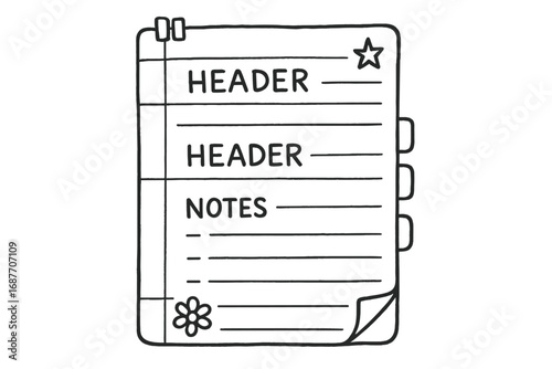 Creative Notebook Scribbles. Student notebook: hand drawn doodles of margins, underlined headers, doodles in corners, side tabs,