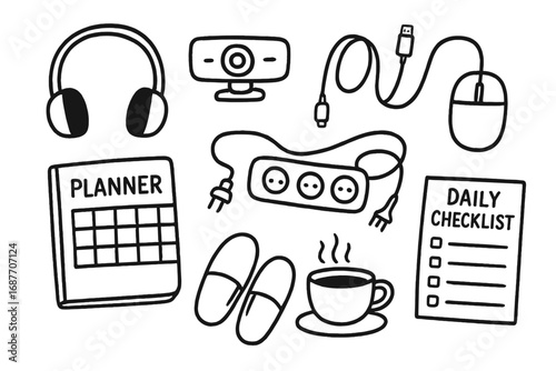 Home Office Essentials Doodles. Work-from-home essentials: hand drawn doodles of headphones, webcam, charger cable, planner, mouse