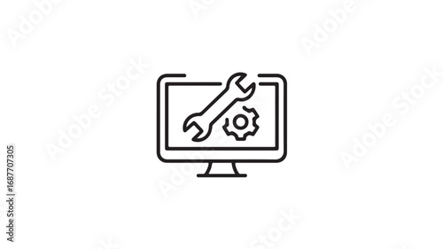 Computer screen with wrench and gear icon representing technical support maintenance or repair