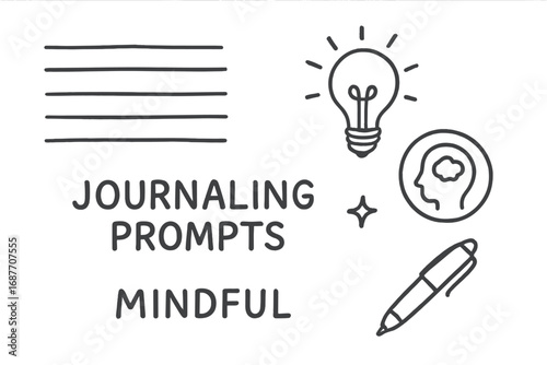 Journaling Doodles Collection. Journaling prompts: hand drawn doodles of writing lines, idea lightbulb, reflection icon, tiny star