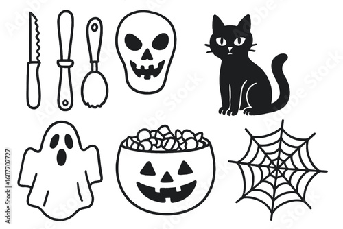 Halloween Doodle Essentials. Halloween prep: hand drawn doodles of pumpkin carving tools, spooky mask, black cat, candy bowl,