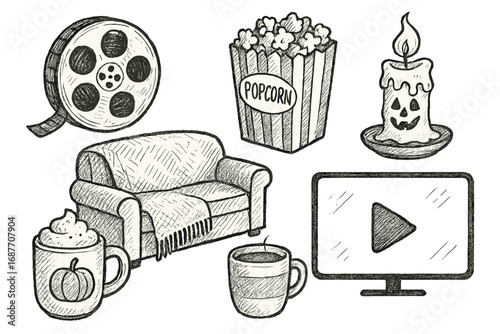 Cozy Movie Night Doodles. Fall movie night: hand drawn doodles of film reel, popcorn, couch blanket, spooky candle, hot cocoa, and