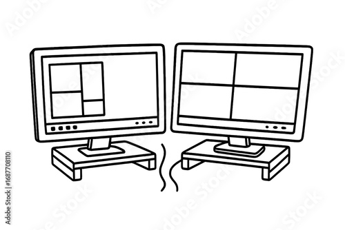 Doodle Dual Monitor Setup. Dual monitor setup: hand drawn doodles of two screens, screen risers, taskbar icons, window tiles,