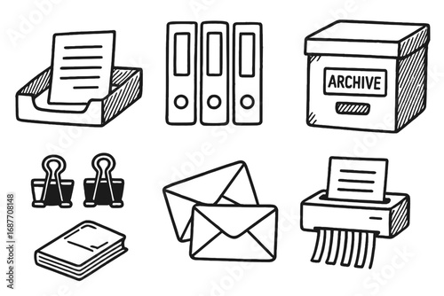 Office Supplies Doodles. Paper flow system: hand drawn doodles of inbox tray, document folders, archive box, shredder, binder