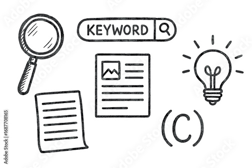 Doodles of Research Tools. Research session: hand drawn doodles of magnifying glass, keyword search, article preview, copy notes,