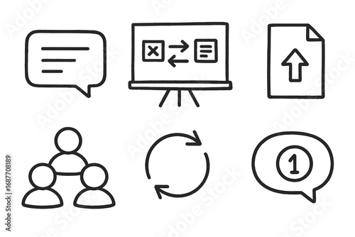 Remote Team Tools Doodles. Remote team tools: hand drawn doodles of messaging app, shared board, file upload, avatar icons, sync