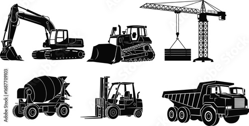 construction, equipment, vehicles, silhouette, excavator, bulldozer, crane, mixer truck, forklift, dump truck, industrial, heavy, machinery, black, white, vector, civil, engineering, transport, site