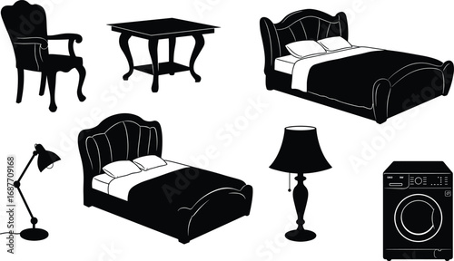 furniture, appliances, household, silhouette, armchair, table, bed, lamp, washing machine, ornate, classic, home, decor, interior, vector, black, white, cozy, domestic, utility