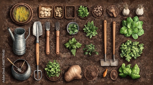Organic Herb Garden Tools with Fresh Plants