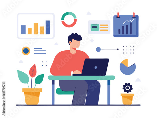 Man working on laptop with charts and graphs on