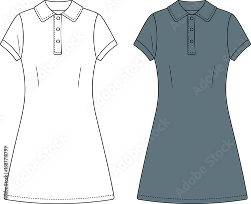 Women polo shirt dress, short sleeve fashion clothing, button front design, casual outfit apparel style, flat template drawing, cad sketch vector illustration