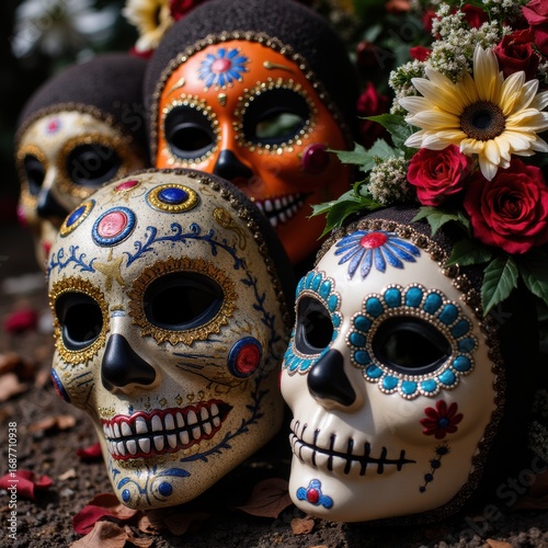 Vivid festival masks from events like carnival or Día de Muertos