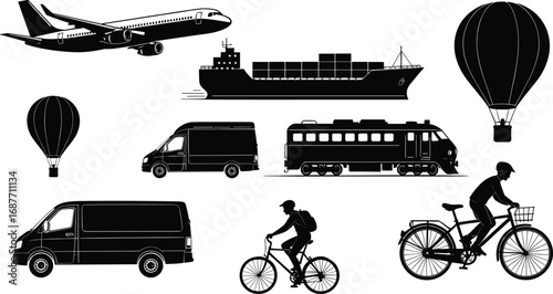 transportation, travel, cargo, airplane, ship, balloon, train, van, bicycle, silhouette, black, white, vector, delivery, commute, logistics, vehicle, motion, icon, transport