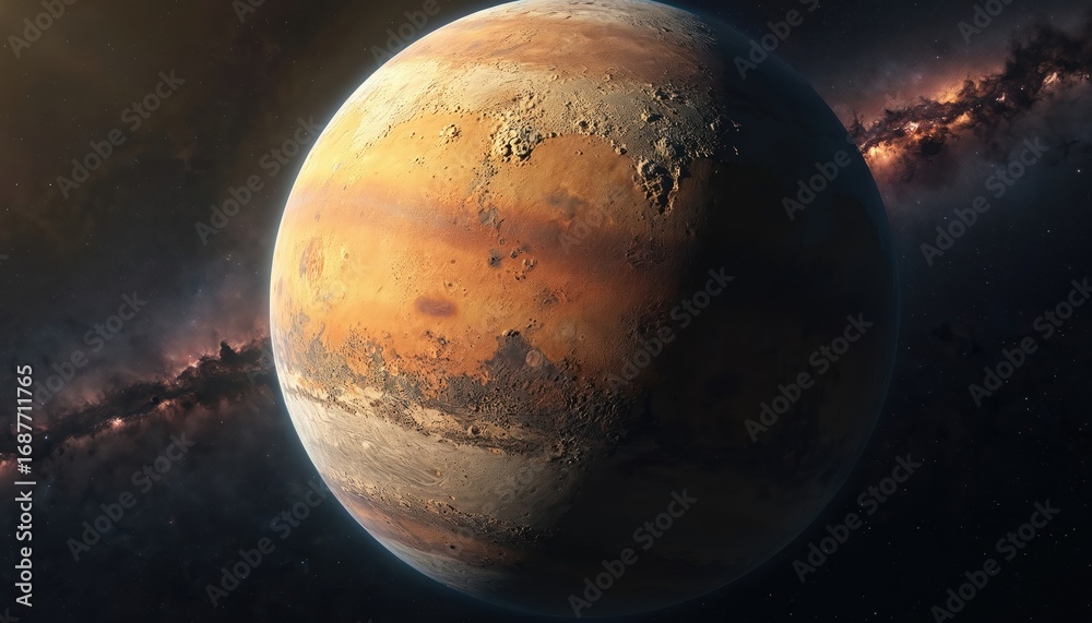 Fototapeta premium Alien planet surface texture detailed view. Orange red sphere with craters and geological formations in deep space. Nebula and starfield background. Sci-fi, exploration and cosmic concept.