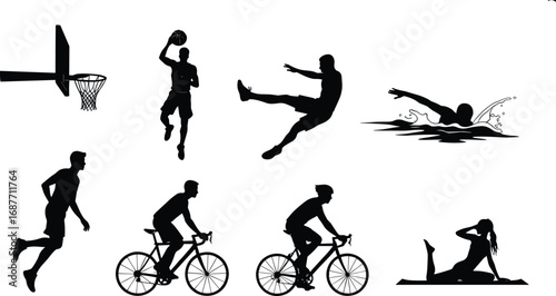 sports, fitness, basketball, soccer, swimming, cycling, yoga, running, silhouette, black, white, vector, athlete, motion, action, exercise, icon, active, pose, gear