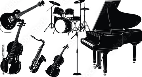 music, instrument, guitar, drum, piano, cello, violin, saxophone, microphone, silhouette, black, white, vector, sound, band, concert, jazz, classical, rock, icon