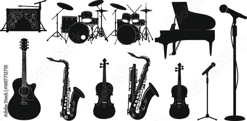 music, instrument, drum, piano, saxophone, violin, microphone, guitar, silhouette, black, white, vector, sound, band, concert, jazz, classical, rock, icon, performance